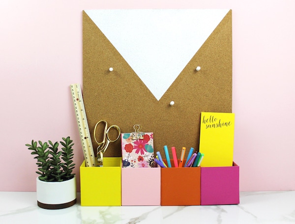 This DIY desk organizer idea is super easy to put together and will hold office supplies you don't want rolling around in a wide open drawer space.