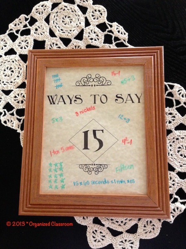 Here is a fun little DIY project for those of you that teach math! I created a “How do you say _____ frame” made out of a cheap dollar store 8″x10″ frame.