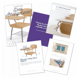 This classroom desk arrangement begins in an H formation, then the extra desks are placed on the legs of the H to face inward.  This example does not work well if the instruction os given from one place in the room. but it would work well for independent work and centers.