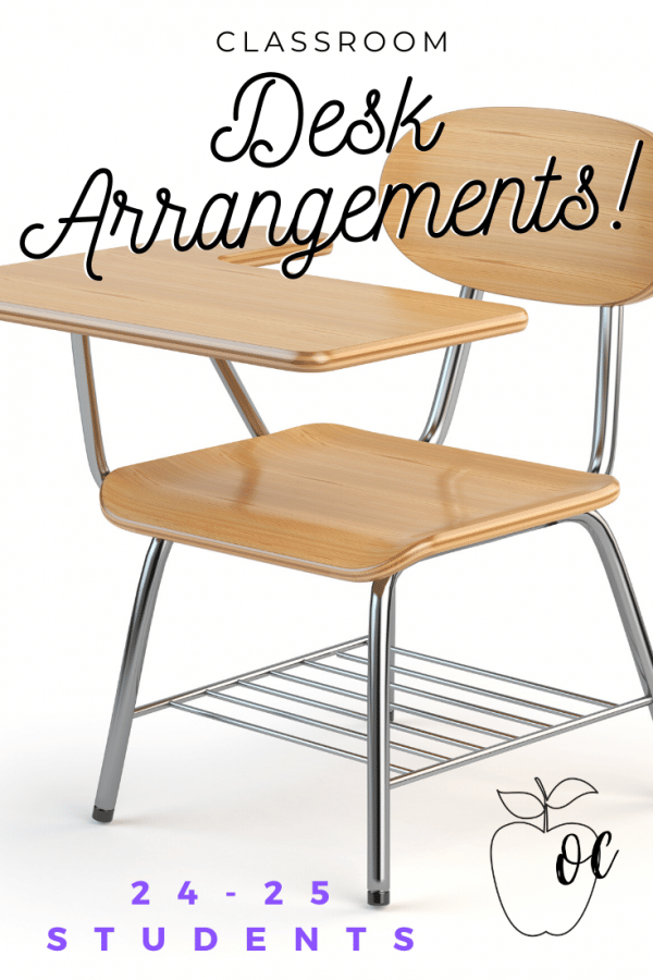 Pairs of desks are arranged resembling rows and columns.  The desks are staggered so that all students have equal access to view the teacher or board up front.