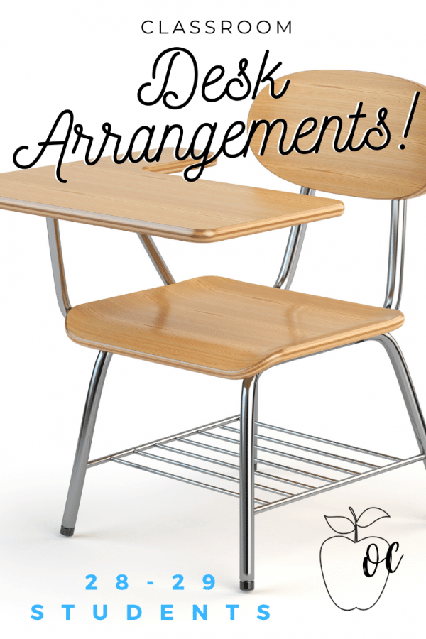 Short and straight diagonal lines are the focus of this classroom desk arrangement.  Students are at an angle to get a different perspective of the room.  Make sure your teaching style does not rest where students must turn their heads.  Not the best choice for student collaboration.