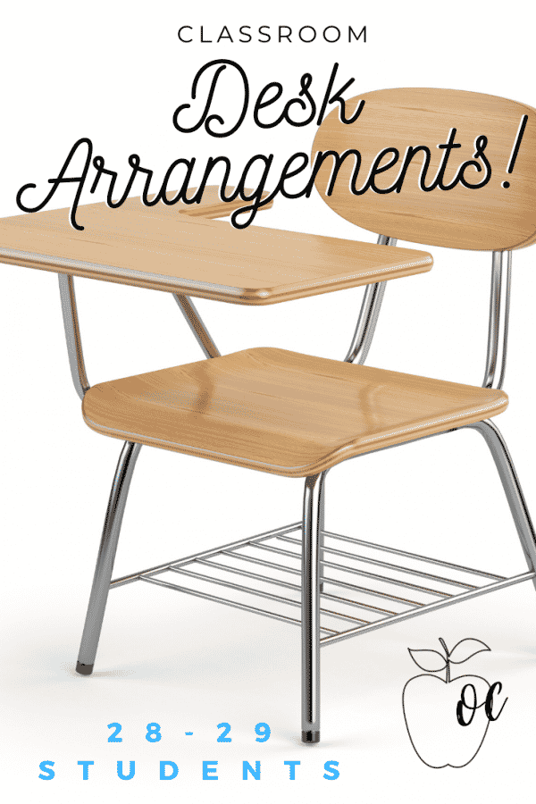 This classroom desk arrangement consists of three small groups that form an open box, along with one small group of four desks arranged in a box formation.  This type of seating would be ideal for small group work.