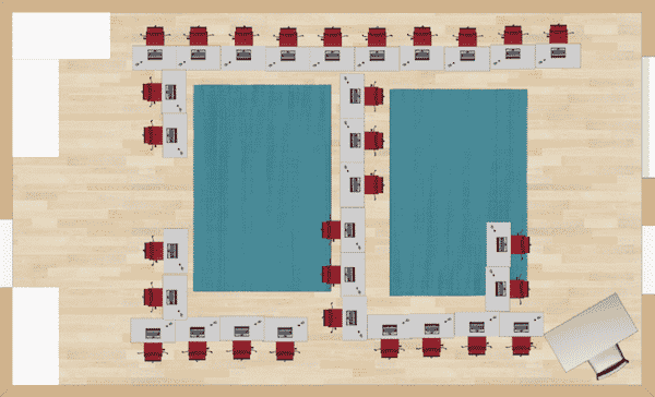 This classroom desk arrangement begins in an H formation, then the extra desks are placed on the legs of the H to face inward.  This example does not work well if the instruction os given from one place in the room. but it would work well for independent work and centers.