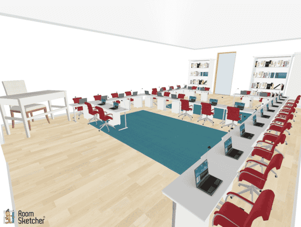 This classroom desk arrangement begins in an H formation, then the extra desks are placed on the legs of the H to face inward.  This example does not work well if the instruction os given from one place in the room. but it would work well for independent work and centers.