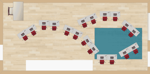 This choice involves a line of desks snaking around the room, and almost crossing as it comes back again.  It would be perfect for those “problem students” in your class because the students will have a hard time finding their “buddies” during class with this arrangement if they are opposite ends of the room.