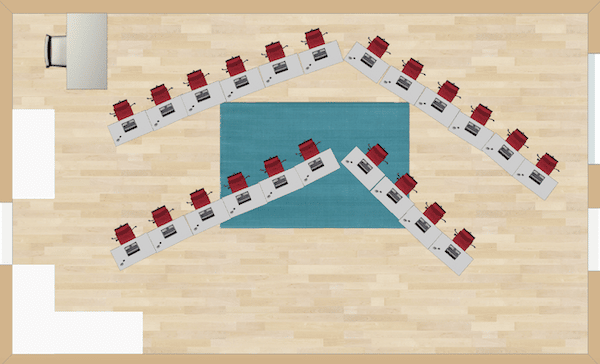 Two straight lines are shifted in the middle so that all desks are angled toward a center point in the room.  This is a good choice for classrooms that do a lot of presentations.