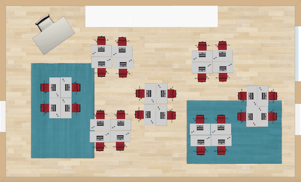 Pods of four desks in each small group are the traits of this seating arrangement.  Perfect for small groups of four and/or partner work with face or shoulder partners.