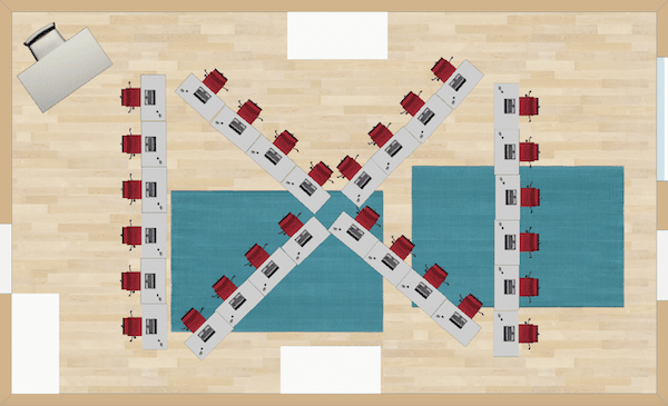 Begin with an X of desks in the middle, and then take the remaining desks and place them around the perimeter.  This arrangement makes a good change in perspectives in the room for a nice break from the usual.