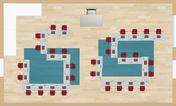 This desk arrangement involves two large S formations in which the students are facing different directions.  It would not be suitable for a lecture-style classroom environment.