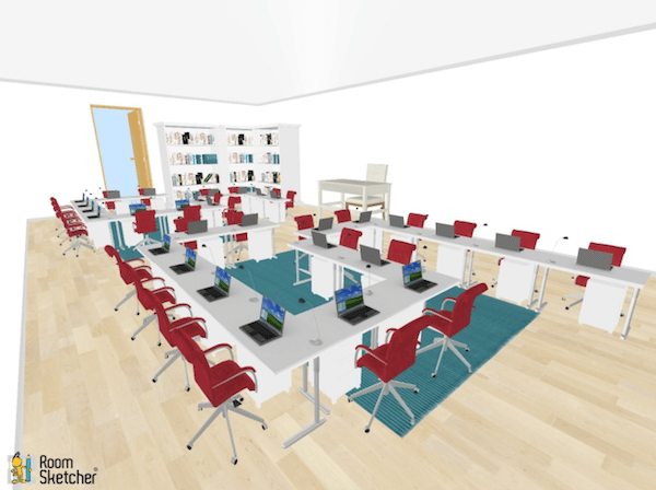 This desk arrangement involves two large S formations in which the students are facing different directions.  It would not be suitable for a lecture-style classroom environment.