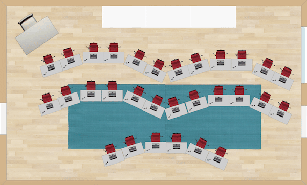 Wavy lines are the look of this seating chart.  While it is similar to traditional straight lines of desks, it offers a bit of novelty by shifting the desks to one way or another.  Lecture-style instruction would work nicely with this example since the desks are all facing one general direction.