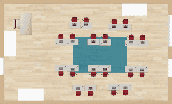 This desk arrangement is more like a competitive arena.  The students are able to work in a discussion format and are able to see one another, while there is still a team concept from viewing the alternating sides of the room.