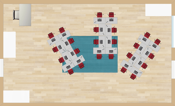 This seating chart contains three groups of 8 students each.  The teams are spread out like a fan in order to truly separate each team unto itself.