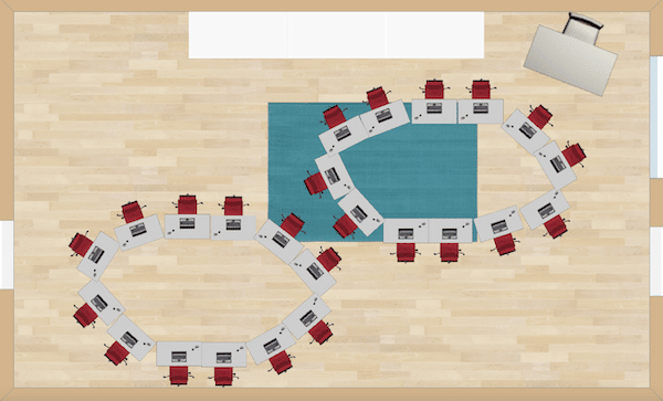 Not perfect circles, but rather more egg-like, these two small circles of desks are good for students moving into groups.  You could use this seating arrangement to your advantage by having students get into different groups throughout the lesson or day and switch seats.  It certainly would keep the students awake!