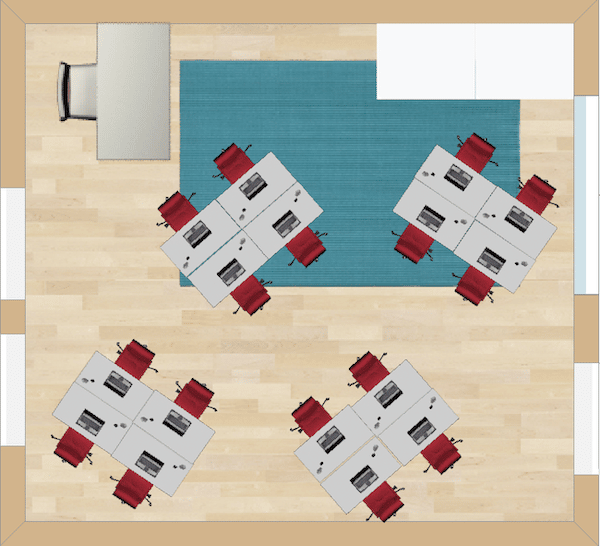 This is a typical grouping of desks into teams of 4. This setup works best when teams work together in cooperative learning activities or in competition with one team against another. Incorporating team-building activities into your curriculum is necessary in order for the students to “buy-in” to a team that may not necessarily consist of friends.