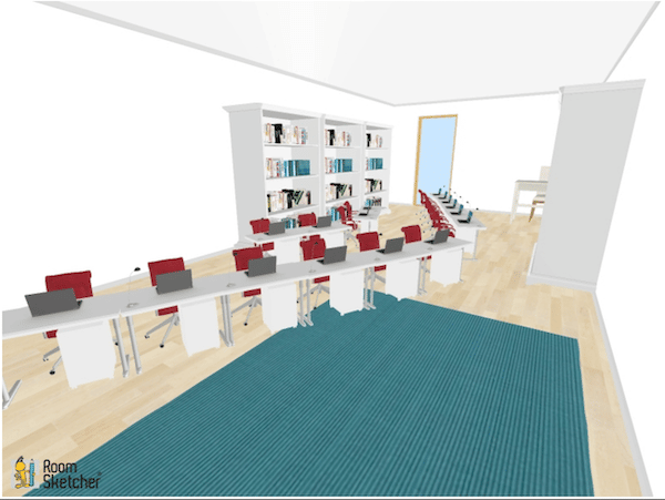 Obviously named for the floor arrangement of desks.  Similar to the standard rows of desks, but all students are equally able to see the front of the classroom easily.  This set up does not allow for much cooperative learning, so make sure to incorporate a space in the classroom for that type of instruction.