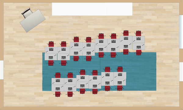 This grouping of desks appears to look like stair steps.  The pods of four desks are easily able to work with one another and collaborate with those that are within close proximity.