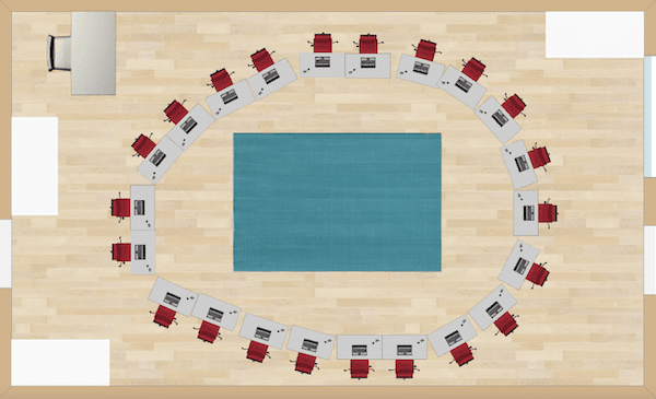 Perfect for literature discussions, project analysis, debates, and lectures, this arrangement will work perfectly for those group activities.  Desks will have to be pulled apart for independent work and assessment, but if you have a classroom full of whole group work, this might be a great alternative!