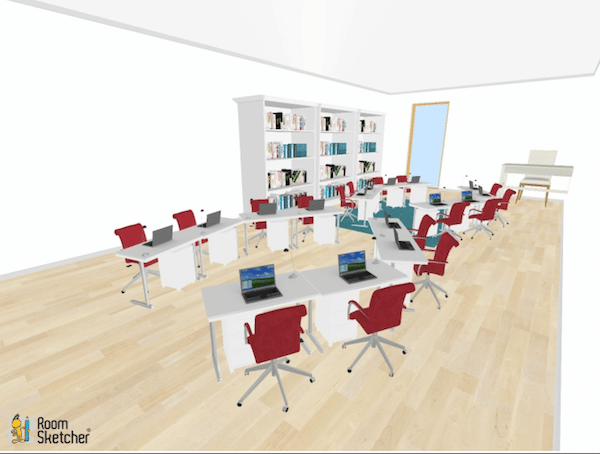 Shaped like a pair of glasses, this seating arrangements veers from the traditional straight lines you often see in the majority of classrooms.  This seating arrangement allows for intimate book discussions or thought-provoking math revelations.