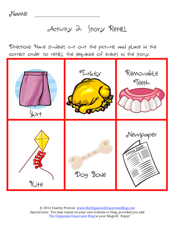 I love the book Mrs. McNosh Hangs Up Her Wash. Any age student can practice elements such as predictions, inferring, real vs. make-believe, and sequencing.