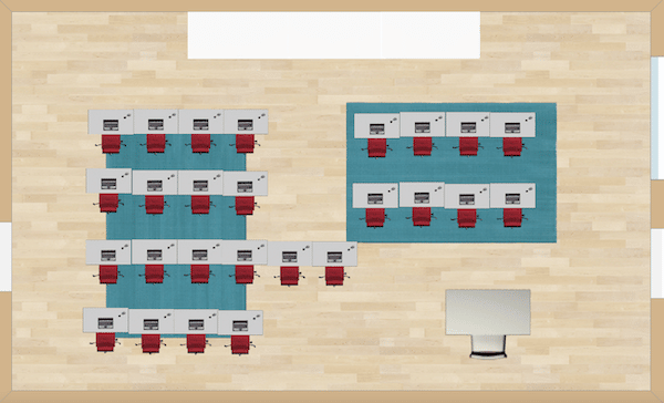 Smaller rows of desks are linear in this option.  Passing out papers becomes a snap if you hand out the stack to the student at the end of each row to pass down.  Same for handing in work, but in the opposite direction.