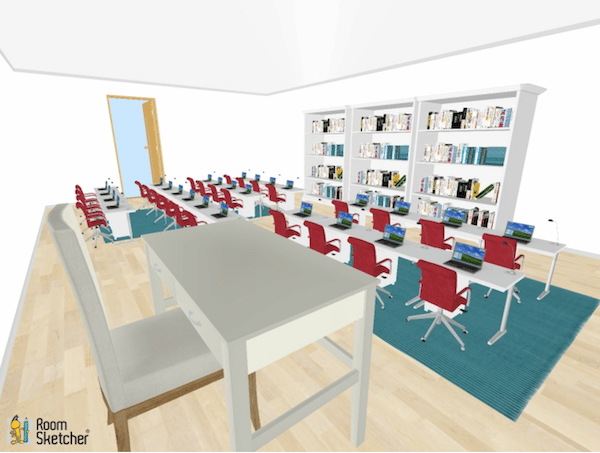 Smaller rows of desks are linear in this option.  Passing out papers becomes a snap if you hand out the stack to the student at the end of each row to pass down.  Same for handing in work, but in the opposite direction.