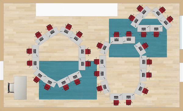 Student learning activities can be completed in small groups with this classroom desk arrangement.  Students are facing one another to discuss books in literature circles or to debate theory.