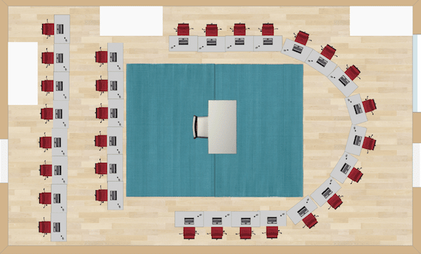 This seating chart is a good example of a style that would work well with a performance class or debate panel.  The panel would sit in the arc, while the spectators could face them and offer discussion at the end.