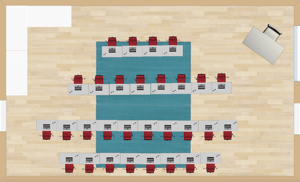 Straight parallel lines are the look of this desk arrangement.  Two lines of students that face one another are perfect for friendly debates during class.