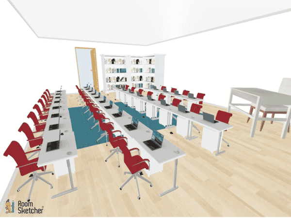 Straight parallel lines are the look of this desk arrangement.  Two lines of students that face one another are perfect for friendly debates during class.