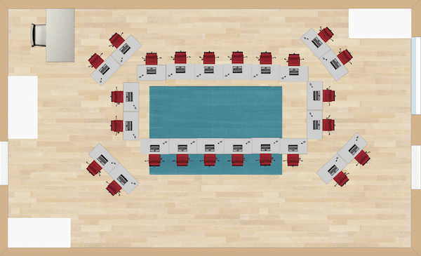 This seating chart consists of a circle of students, with pairs around the outside.  It would be suitable for roundtable discussions.