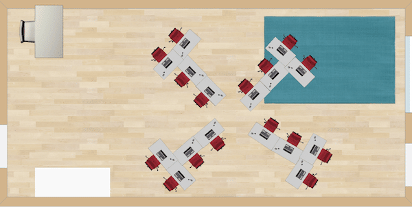 In the Pinwheel, students will be facing many different directions.  For seat work or centers, this is a wonderful option.  During direct instruction of whole group, a separate space in the classroom (i.e. teaching from the carpet) will be necessary.