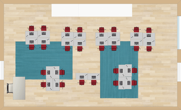 Compact teams of four are positioned closely in the room.  This seating choice will take up less classroom space than many others.