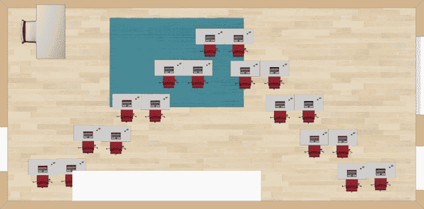 This lets the students face the front of the room easily and it will be easy to organize with different heights of the students so everyone can see.