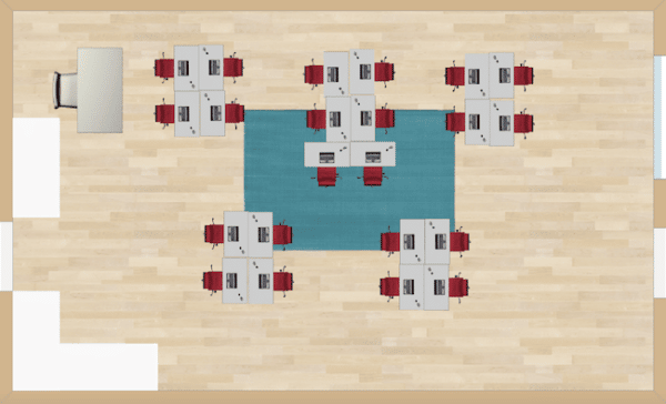 Five teams are placed in a linear formation.  This type of seating chart is popular in many classrooms.