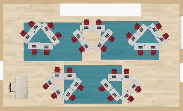 Three groups of two desks each are the focus of this seating chart example.  The groups them become teams in which to collaborate and work together.   This arrangement is not useful if you do a lot of independent style work as the students ill all be facing one another.