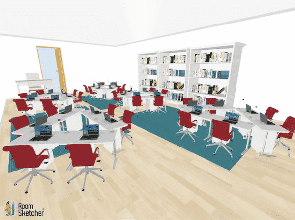 Three groups of two desks each are the focus of this seating chart example.  The groups them become teams in which to collaborate and work together.   This arrangement is not useful if you do a lot of independent style work as the students ill all be facing one another.