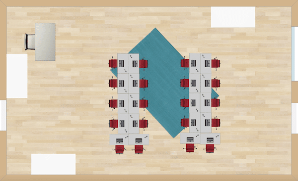 Two larger teams can be formed and take up less floor space than other seating charts.  Try a boy/girl split or evenly distribute them between the two teams in alternating seats.