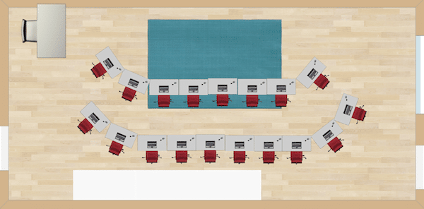 This seating arrangement gives the students a way to see everything going on in front of the classroom.  Wonderful for Reader’s Theater!