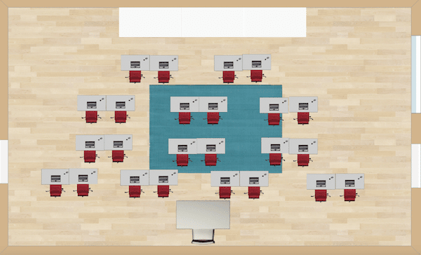 A way to put the desks in a few different rows.  Each row is differentiating from two or three desks in each.  Gives a nice staggered look.