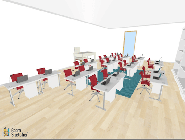 A way to put the desks in a few different rows.  Each row is differentiating from two or three desks in each.  Gives a nice staggered look.