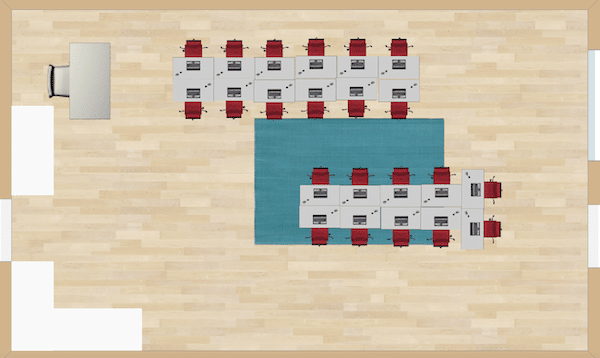 Two large chunks of students comprise this seating arrangement.  It will take up far less of the classroom than other options.