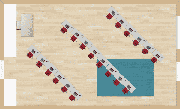 Three rows of connecting desks make for an easy way to teach with direct instruction, while yet breaking free of the typical column and row lecture style.