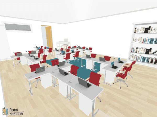 T-shaped desk arrangements are placed various locations in the classroom.  All students are facing in different directions, so be sure to note that when planning instructional methods.