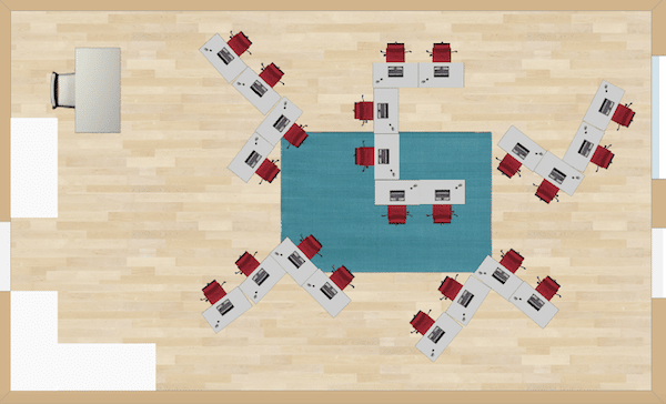 The desks are positioned in one “C” shape, along with four “L” shapes.  It is a fun and novel way to place the desks in the classroom.  In addition, behaviors are easily split up across the room.