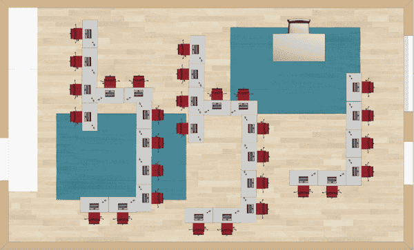 Zig zags formations are the center of this class seating chart.  This would work best for individual student center work as the students would be able to work independently, while also allowing for freedom of movement throughout the classroom.