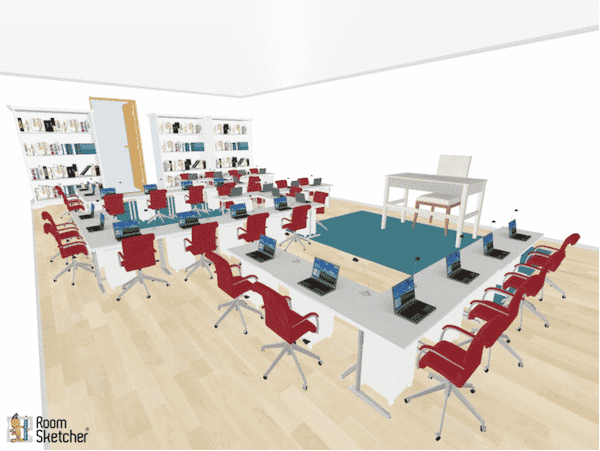 Zig zags formations are the center of this class seating chart.  This would work best for individual student center work as the students would be able to work independently, while also allowing for freedom of movement throughout the classroom.