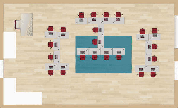 Three I shapes make up this seating chart.  Students will still face one another at each end of the I, but will be broken up by another pair of students.  This cuts down on talking amongst friends at opposite ends.