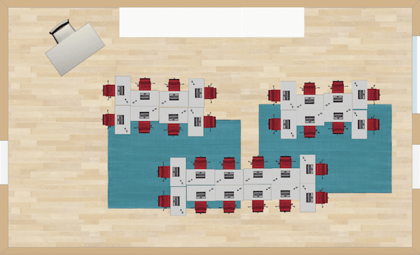 Large groups of students desks are seen in this seating chart example.  Perfect when you want to do team collaboration activities.  Students are close enough to one another to discuss, but not too far away so that they cannot see one another.