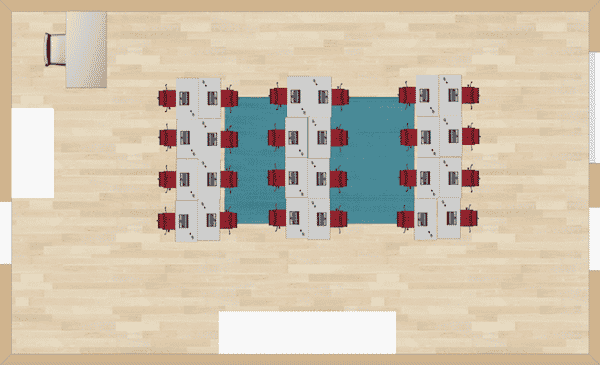 Three groups of desks are arranged in a line with a small walkway between each.  Behaviors are broken apart by placing them with backs facing one another across the room.